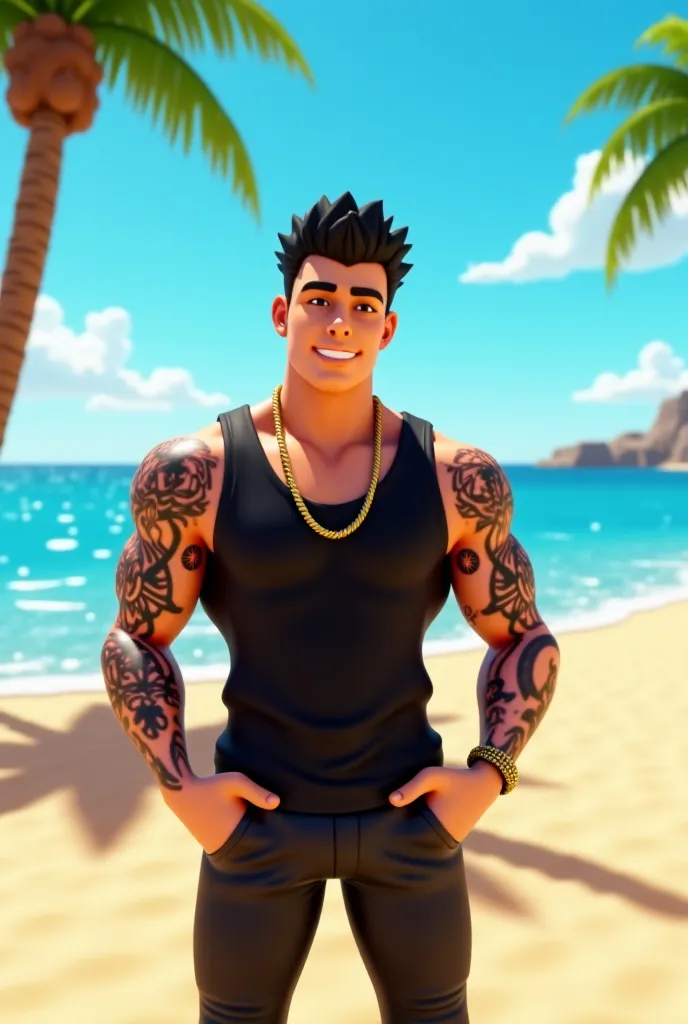 Roblox, beach hangout with a roblox man using black sando and have a gold necklace with full body tattoo 