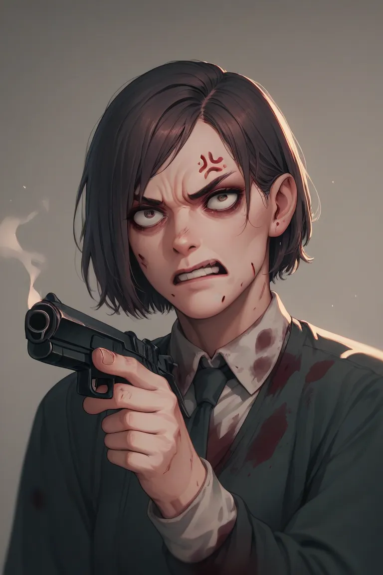 pointing a gun at someone evil,  bloodstain on the face in anger