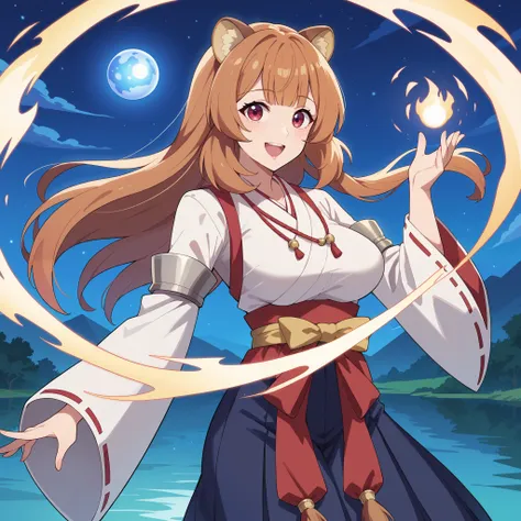 "raphtalia, a beautiful young woman with bright orange hair and deep red eyes.  happy smile, Her rounded animal ears peek out of her silky hair.  big, firm breasts.  wears an enchanted version of the traditional Miko outfit. Her white kosode shines with an...