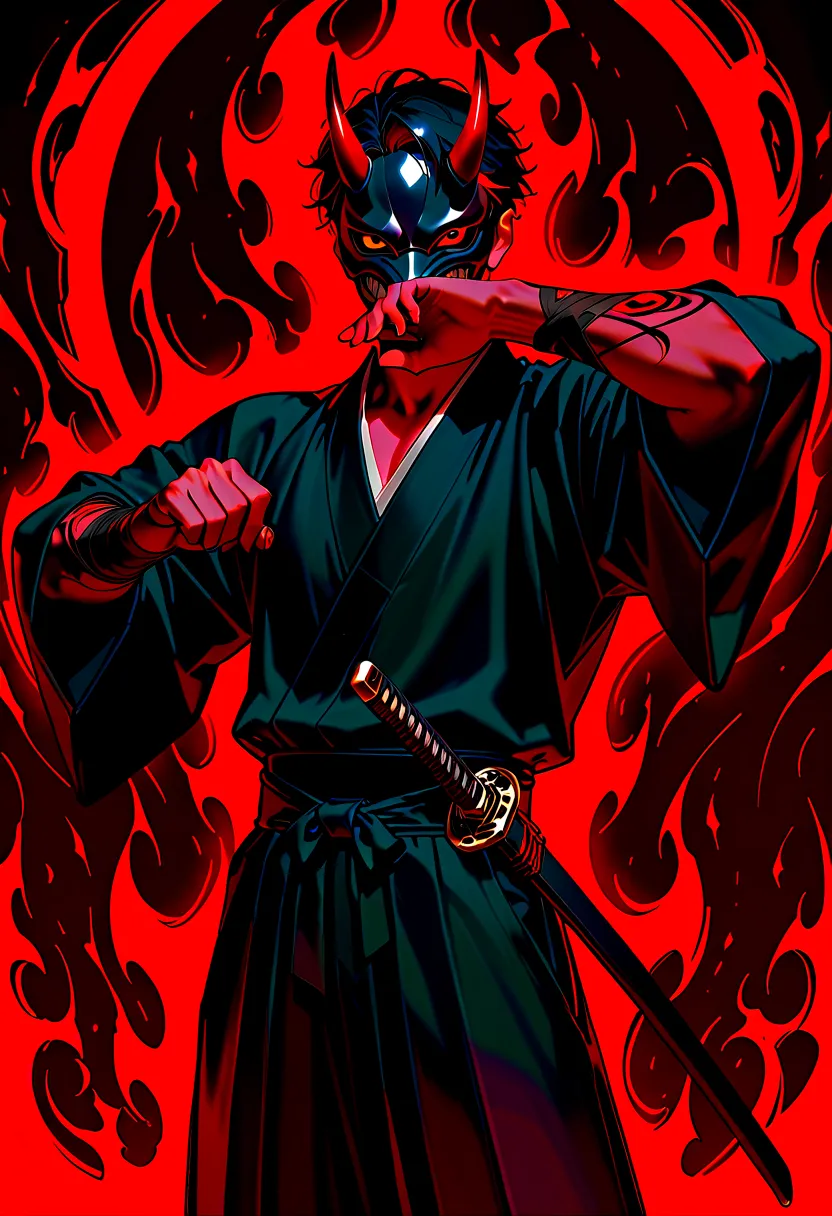 1 male, black hair with red highlights, red eyes, short red oni horns with dark red tips, wearing a black canine mask covering his mouth, good looking, wearing black clothes, black katana, pose, 4k, aura