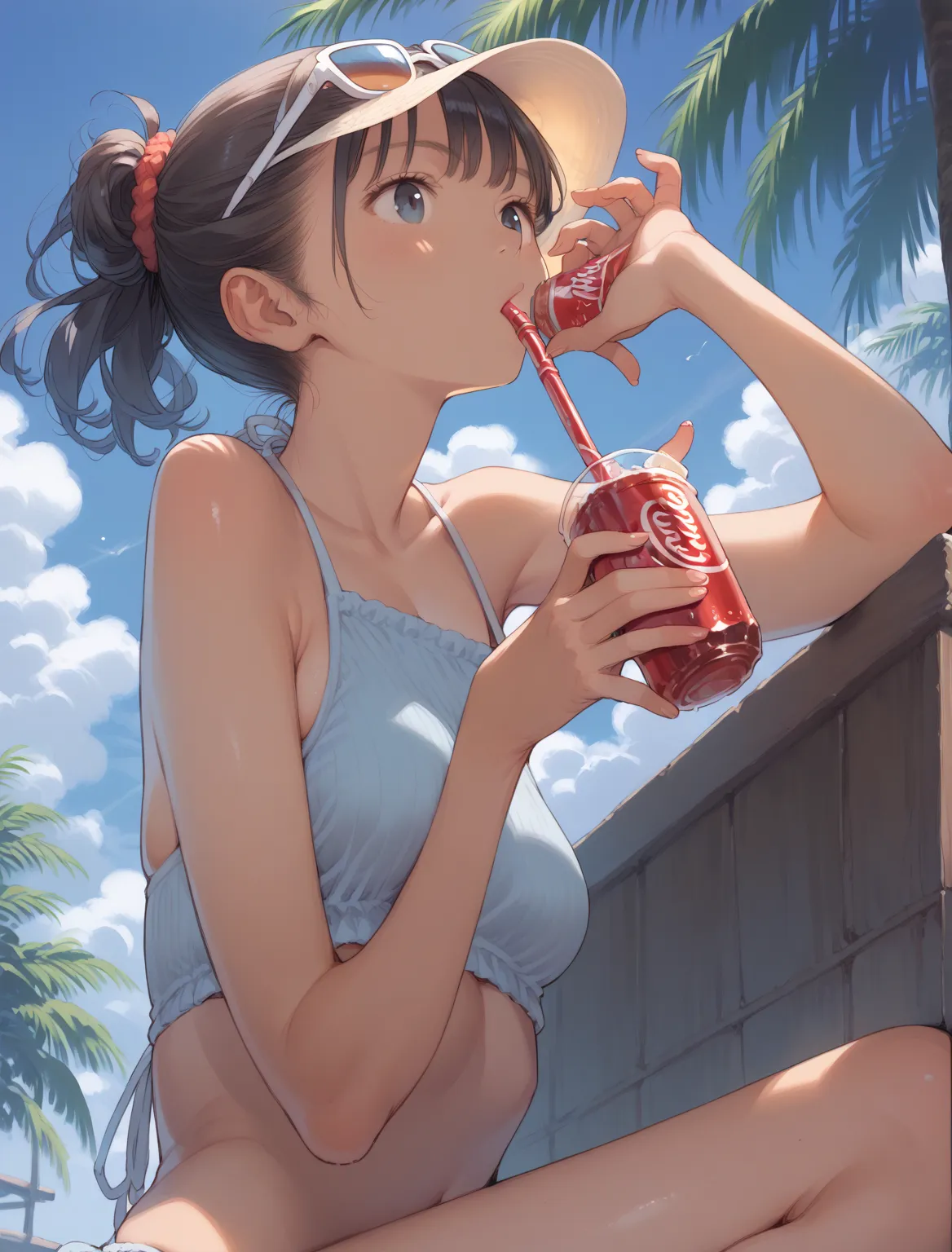 girl, dark skin, drinking a coca cola, summer, perspective, bikini girl, , 