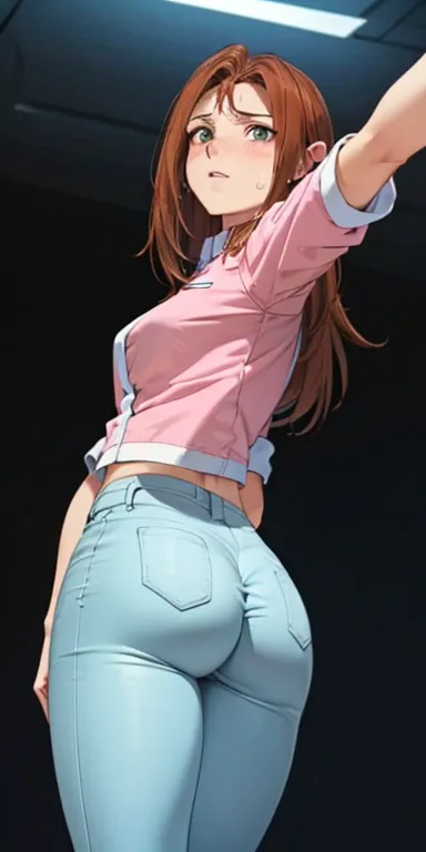   1 female, high definition, high resolution,   Ultra-realistic   ,8K,serenidaddm  ,   gray eyes, long hair,  brown hair,     pink shirt  ,  blue pants,European,sexy, foreground of the upper torso,  Photographed from the front ,  Dynamic Angles  ,blush,  s...