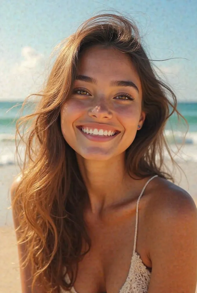 A 25-year-old brunette woman with almond brown eyes and straight brown hair smiling in a beach style 