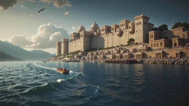 A walled Greek city in ancient Greece with a port, seen from the perspective of a boat, with an upward angle and in first person.