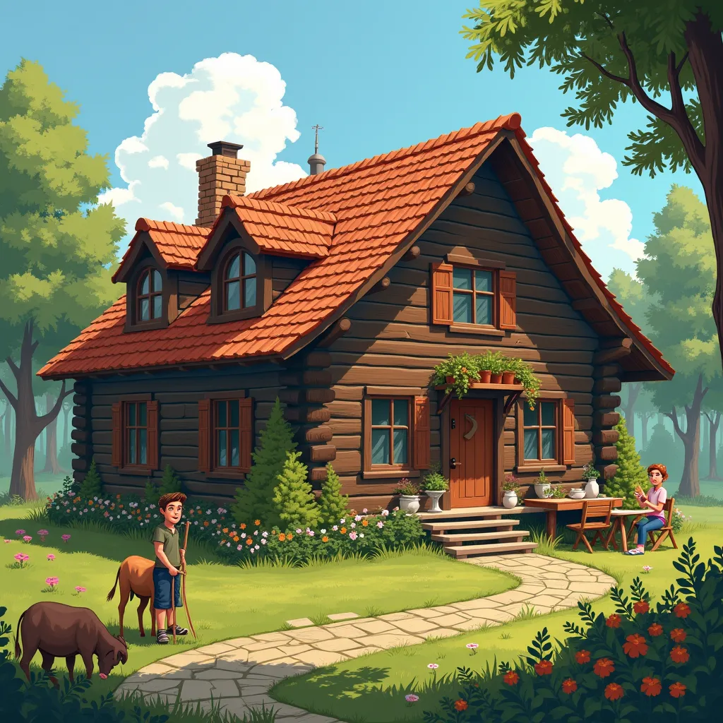 I want a real image of a large wooden house, a young man with a beard on his side tidying up the wood,With lots of greenery and grazing animals and flowers,next to a porch with a lady seated with a breakfast table 