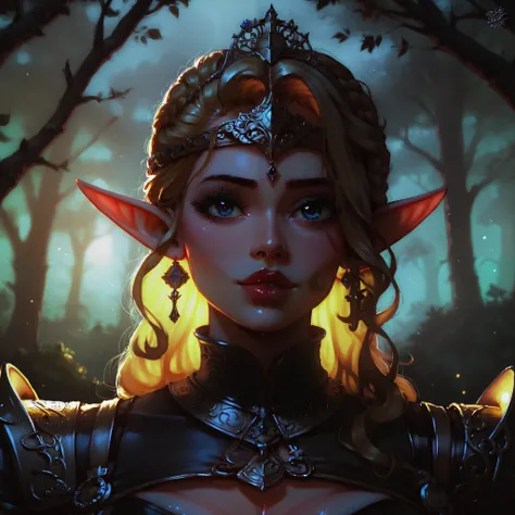 black latex stylized as a traditional Slavic embroidered shirt, 1 elf girl, golden hair, detailed portrait, porcelain skin, intricate embroidered clothing, ornate headpiece, magical glowing aura, enchanted forest background, warm golden lighting, cinematic...