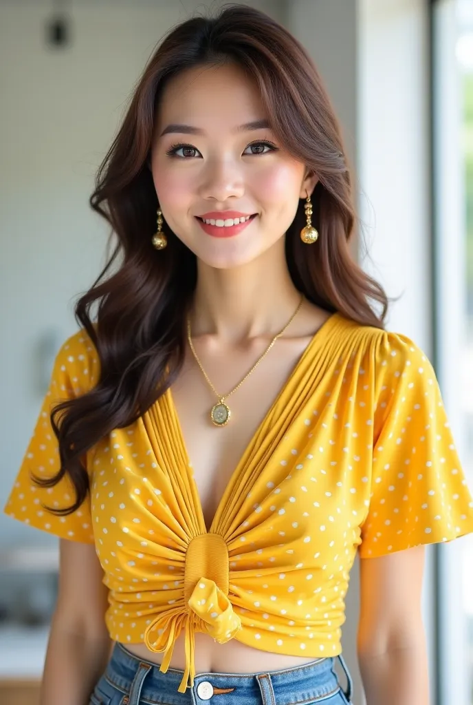 A 40-year-old Thai girl with beautiful skin, cute, beautiful, flirty and sexy. The graceful Thai girl wore a stylish yellow polka dot crop top with structured pleats, paired with high-waisted denim jeans. She accessorized with gold chain jewelry, as well a...