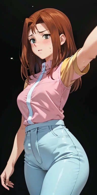   1 female, high definition, high resolution,   Ultra-realistic   ,8K,serenidaddm  ,   gray eyes, long hair,  brown hair,     pink shirt  ,  blue pants,European,sexy, foreground of the upper torso,  Photographed from the front ,  Dynamic Angles  ,blush,  s...