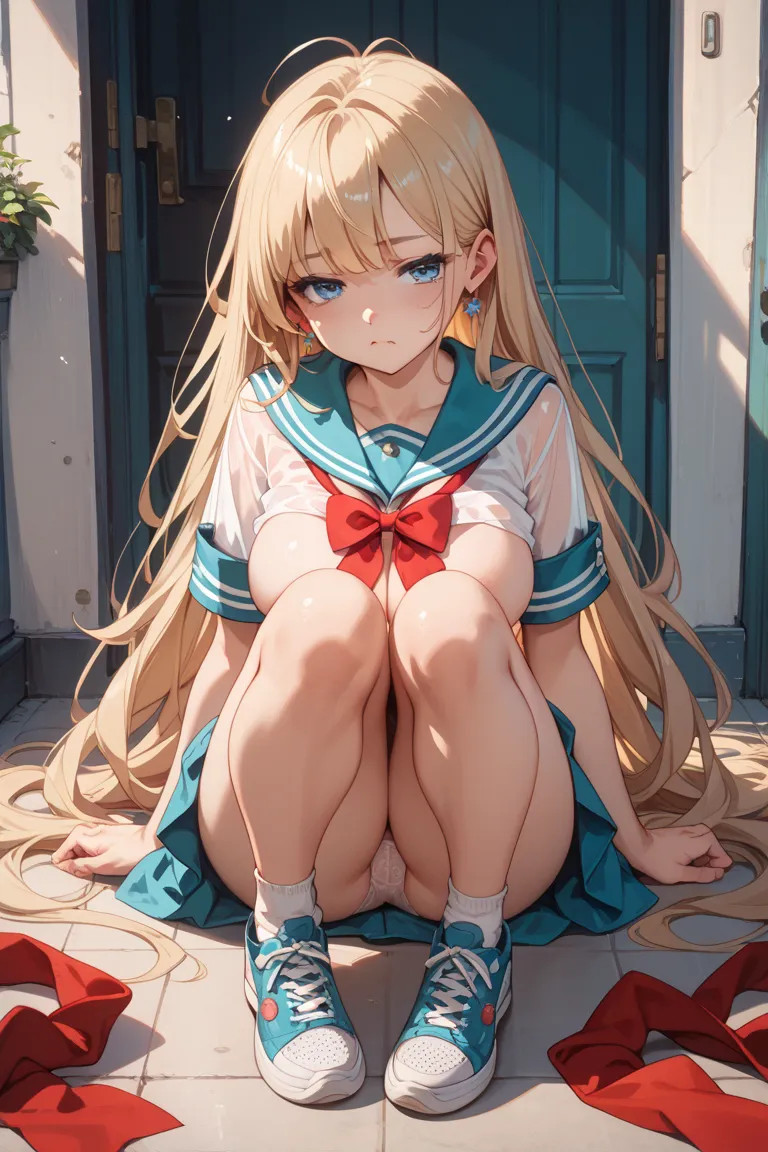 Young girl　Extra Large Breasts　 painful　 clear　All see-through sailor suits　Extra large breasts　anime　I&#39;m not wearing underwear　super long hair　Blue Eyes　light blonde　　is youngロリ　　is young　Red Ribbons　　miniskirt　 tired face　full body