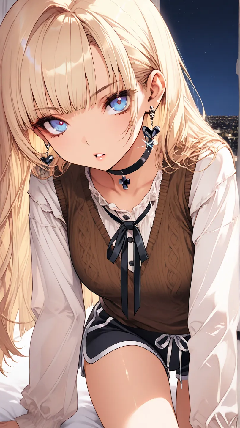 1Girl, Mature, Caucasian, American, Light Brown Skin, Long Blonde Hair, Hime Cut, Shiny Hair, Bright Blue Eyes, Medium Chest, White Long-Sleeved Button-Up Shirt, Brown Knitted Vest, Black Dolphin Shorts, Black Heart Shaped Earrings, Black Choker, Black Tie...