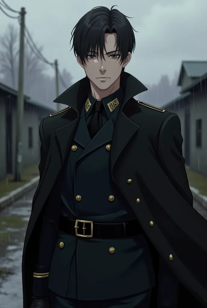 Anime white male with defined jaw line and dark black hunter eyes. He has a slim muscular build and has short black hair that is in his face, with a clean hairless face. He’s wearing a dark black nazi uniform. He’s standing outside a World War Two military...