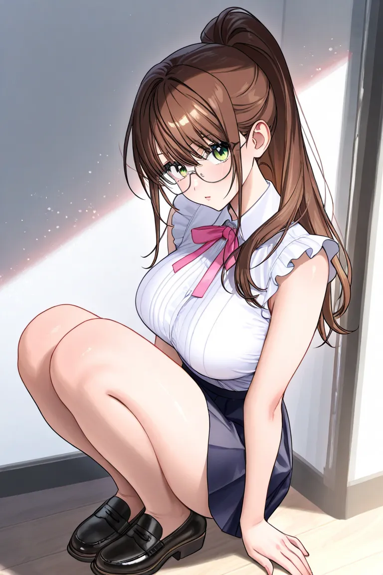 long hair、brown hair、beautiful hair、ponytail、Beautiful breasts、 Read more、Skin Shine、green eyes、shining eyes、Glasses、Skirt、in the back、full body