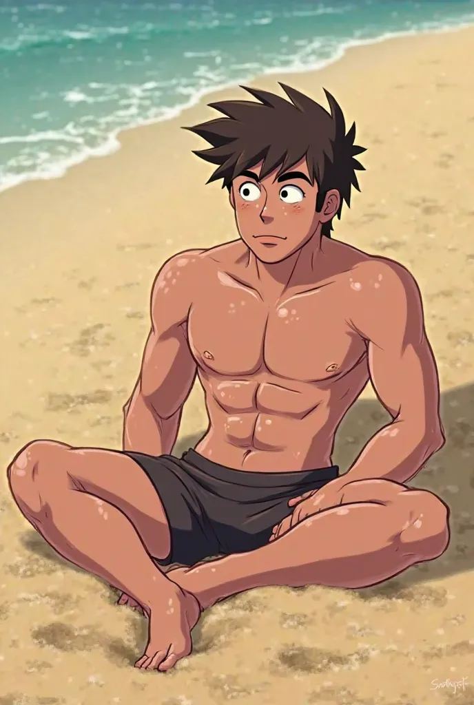 You have Steven universe without a shirt with his sweaty feet without socks sitting in the sand