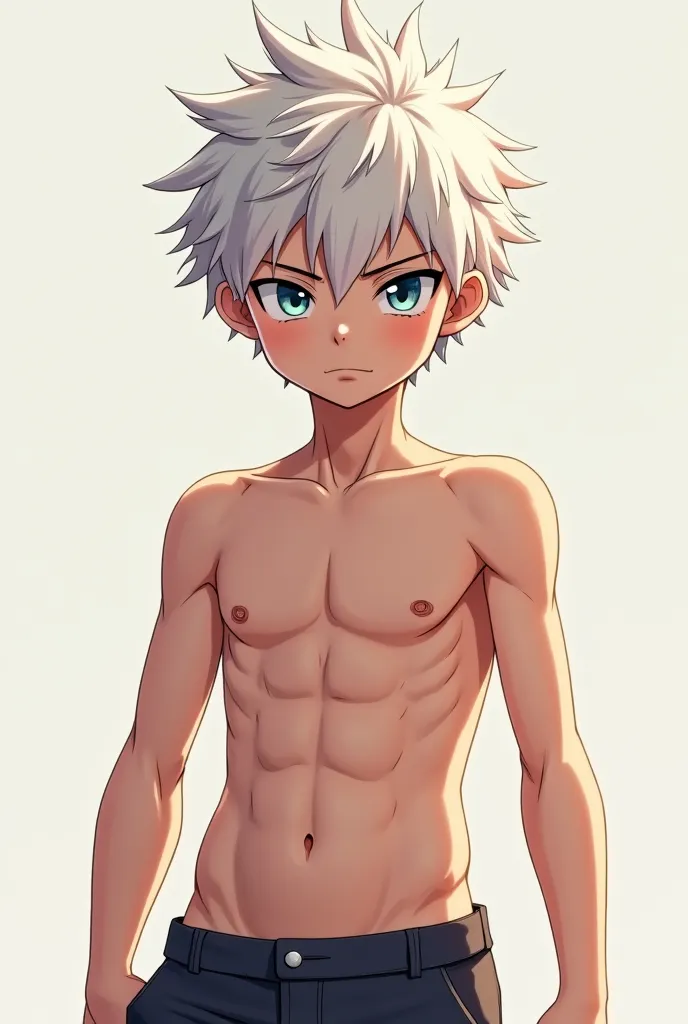 Twelve-year-old Killua type boy 
 not so thin without pants with socks with a defined abdomen pure anime style with a challenging look  , Not so spitty white hair with penis small height clothes less