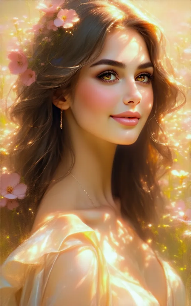  1 woman, Detailed face,  serene expression, elegant posture, long wavy hair, shiny dress, fundo natural com flores,  soft light, golden glow, oil painting, photorealistic, 8k, HDR, vivid colors,  extreme detail 