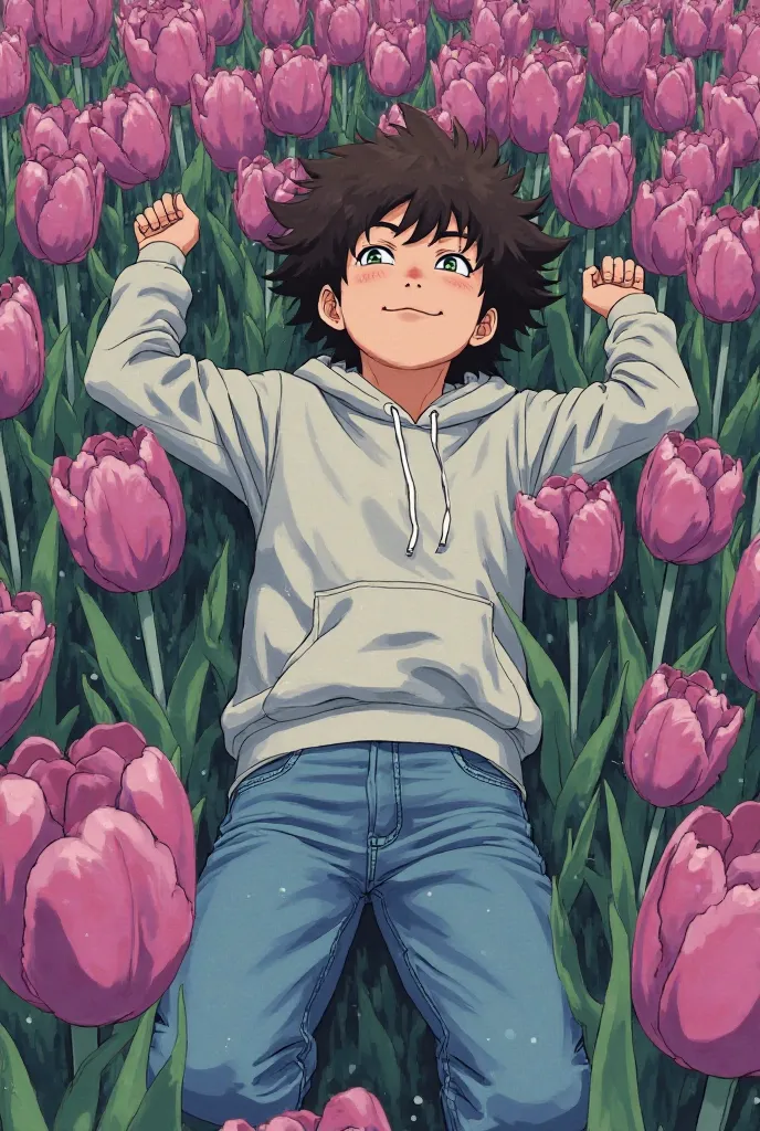 An anime-style drawing from the 80s or 90s featuring a ager in a bright gray hoodie lying with his arms outstretched at his sides in a field of purple tulips, with stems growing out of the ground wrapping around the boy's arms and trying to pull him down.