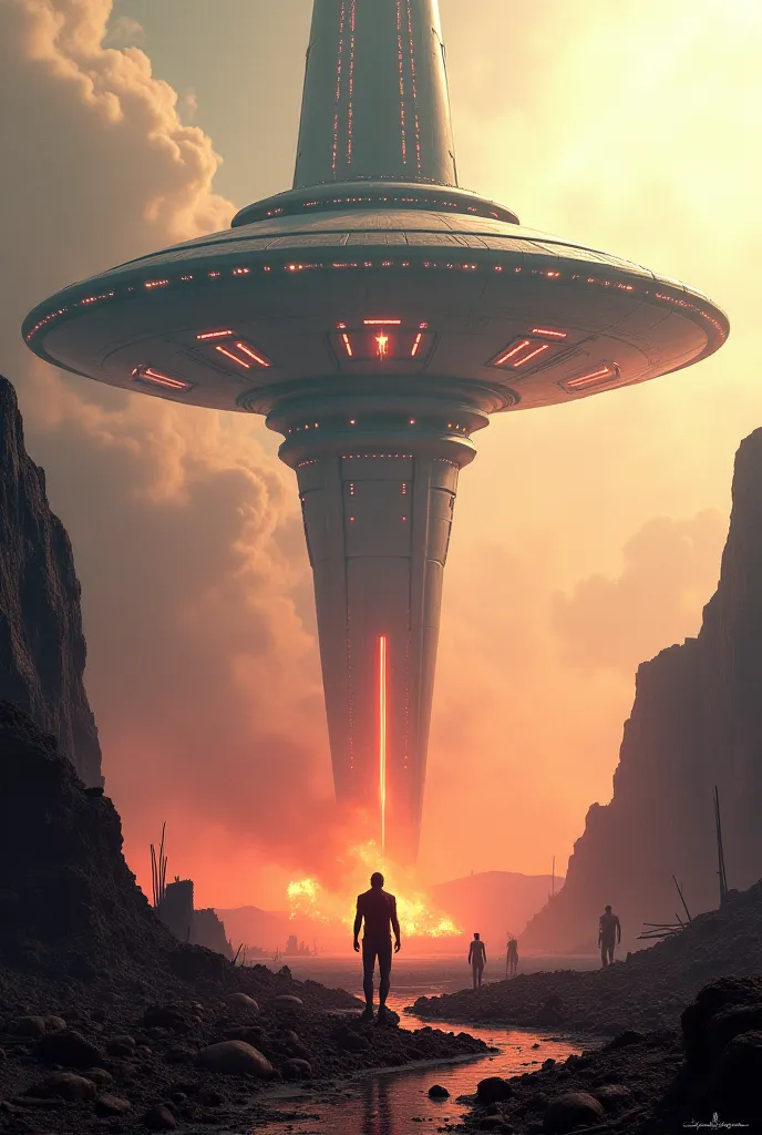 A UFO walking through a destroyed world full of fire and burning mountains