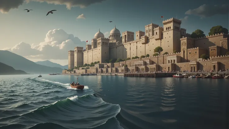 A walled Greek city in ancient Greece with a port, seen from the perspective of a boat, with an upward angle and in first person.
