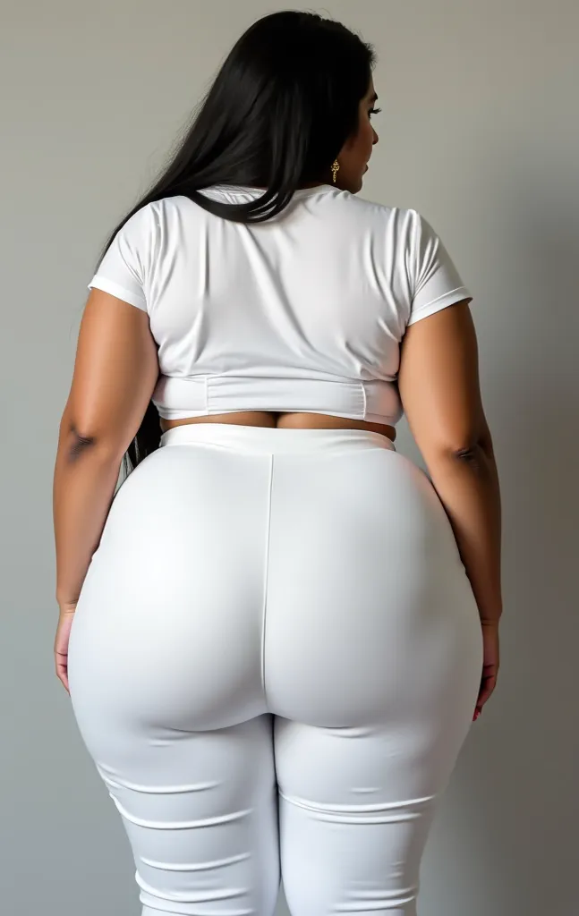 India women aunty in a white shirt and white pants posing for a picture, insanely inflated hips, (thick thighs, wide hips:1.2), (huge hyperass:0.8), big booty, thick thigs, thicc, pawg, thick, curvy accentuated booty, smooth translucent white skin, massive...