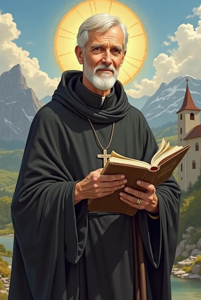 Create an image of Saint Benedict with an angelic and upbeat face, big, expressive eyes, filled with wisdom and serenity. He is smiling softly, transmitting peace and protection. Wear the black habit of the Benedictines, with a simple cloak , and hold an o...