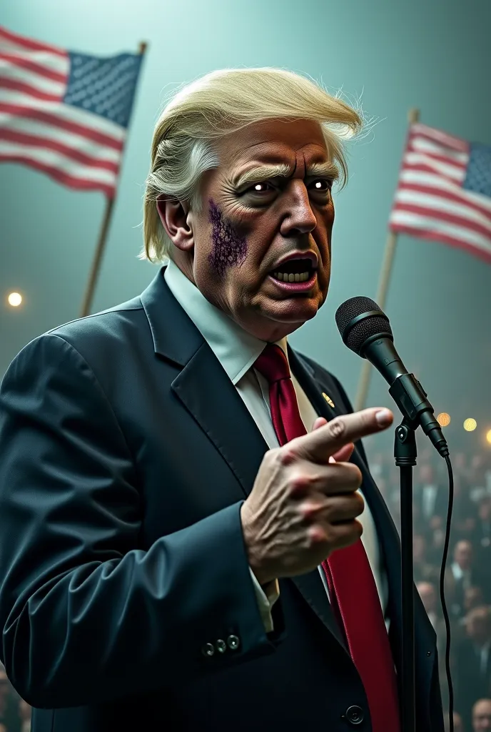 "A zombified version of Donald Trump with pale, cracked skin and hollow, glowing eyes. His signature hairstyle is messy and disheveled, with patches missing. Dressed in a torn suit with a loose red tie, his hands are slightly decayed, gripping a microphone...