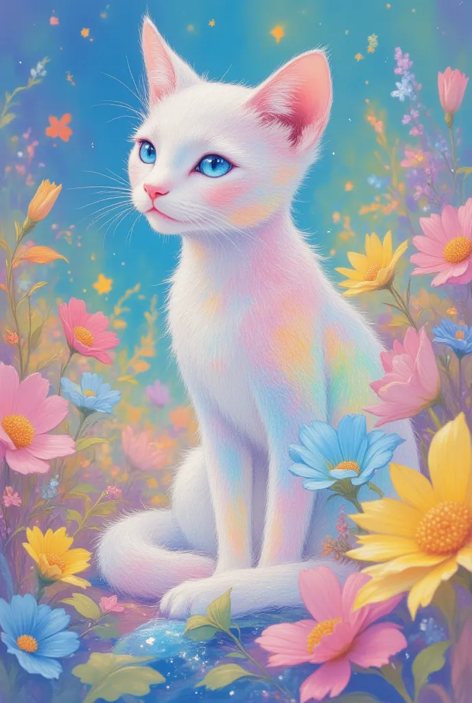 ((Top quality)), ((Intricate details)) (8k) Top quality, 16K, very detailed, nice (((Cat:1.3))), made of translucent glass, flower field in the background ((A masterpiece filled with fantasy elements))),