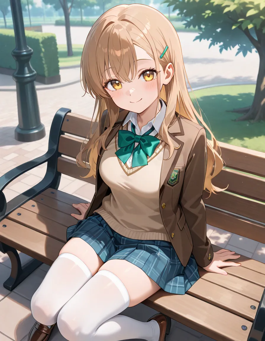 Masterpiece, hd, best quality , tall body, medium breasts, brown long hair and yellow eyes, hair clip, cute anime girl, cute character, wearing white collared shirt, green bowtie, light brown sweater vest, dark brown blazer, opened jacket, blue plaid skirt...