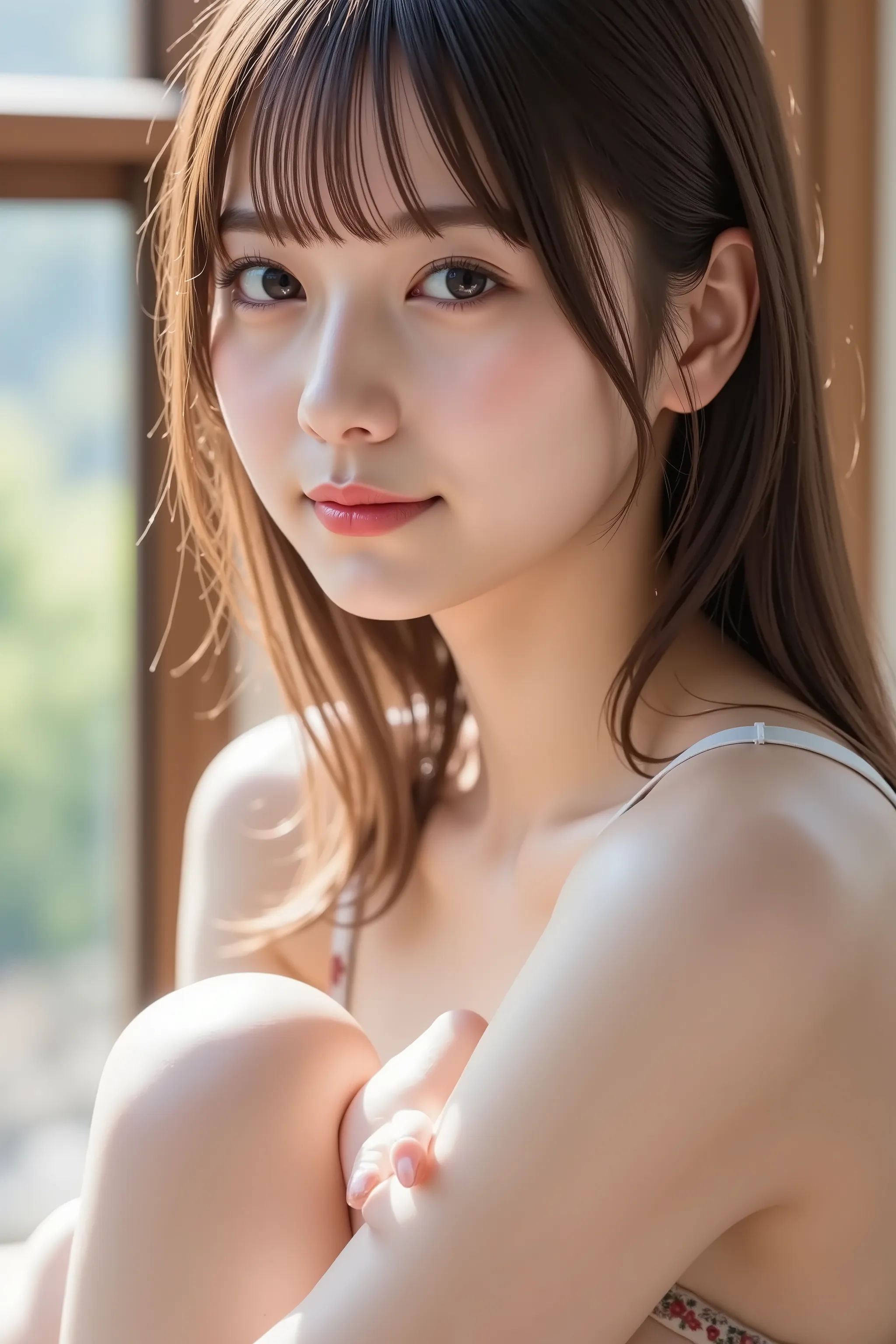 The face is positioned exactly in the center of the image , sitting on the floor hugging knee , 's entire head is fully reflected , The entire face and head are clearly visible, bungs, smile, Young and cute Japanese faces , Hi-Res CG Unity 8K Wallpaper, ve...