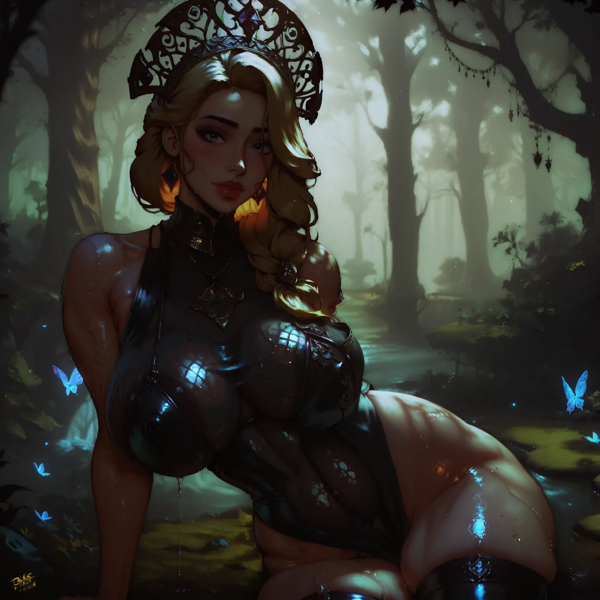 massive breasts, luscious thighs, wet oily skin, black latex, stylized as a traditional Slavic embroidered shirt, 1 elven girl, golden hair, detailed portrait, porcelain skin, intricate embroidered clothing, ornate headdress, magical glowing aura, enchante...