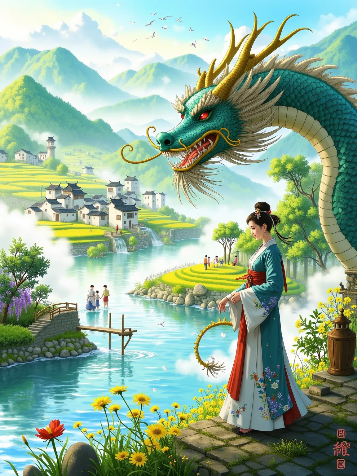 A single girl, dressed in traditional Hanfu with a color scheme of cyan, white, and red, her hair styled in a high bun adorned with elaborate jeweled hair ornaments, poses gracefully with her right hand raised. A Chinese dragon, massive in size, with metic...