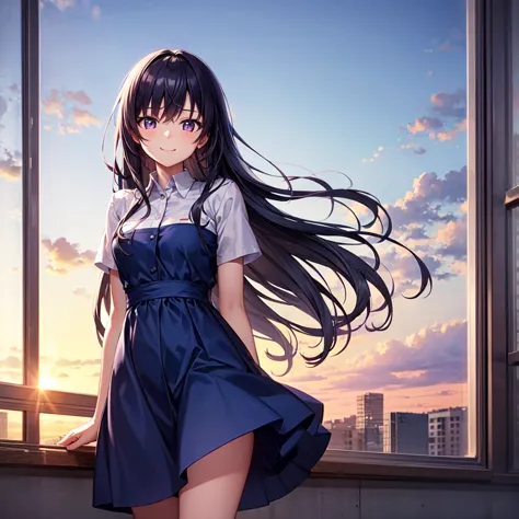 A reflective scene at sunset on a school rooftop, preparing to start a vulnerable livestream session. Features a model student character: a high school girl with long, dark blue hair, purple eyes, and wearing a blue dress, all while displaying a gentle smi...