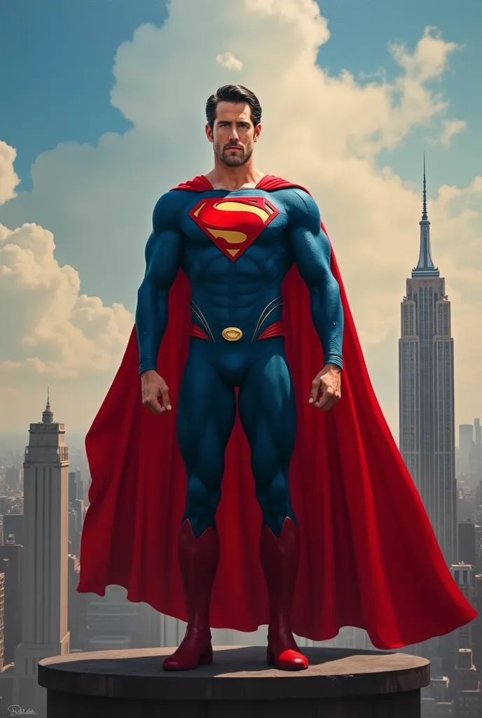 (full body), (Ryan Reynolds as Superman:1.25), (red cape), (((solo))), (Art by Jim Lee, & Zack Snyder) magnificent sky background, standing in front of  NYC skyline, dramatic, gorgeous, good anatomy, good proportions, hero pose, award winning, masterpiece,...