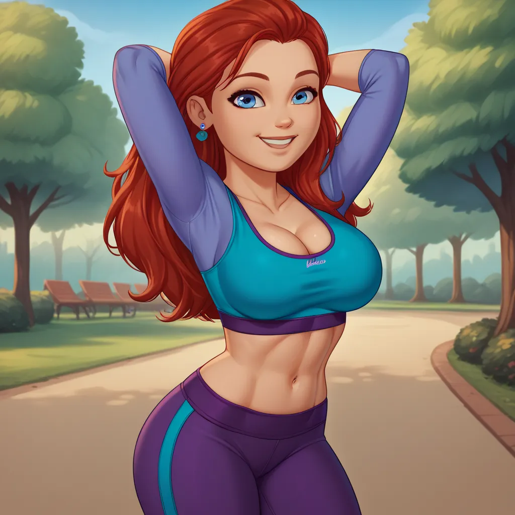 kate_df, solo, 1girl, long hair, red hair, blue eyes, earrings, blue sport bra, purple yoga pants, hands behind head, cute,head tilt, large breasts, thick breasts, round breasts, sexy midriff,  happy, smile, looking at viewer, sexy pose, park background,