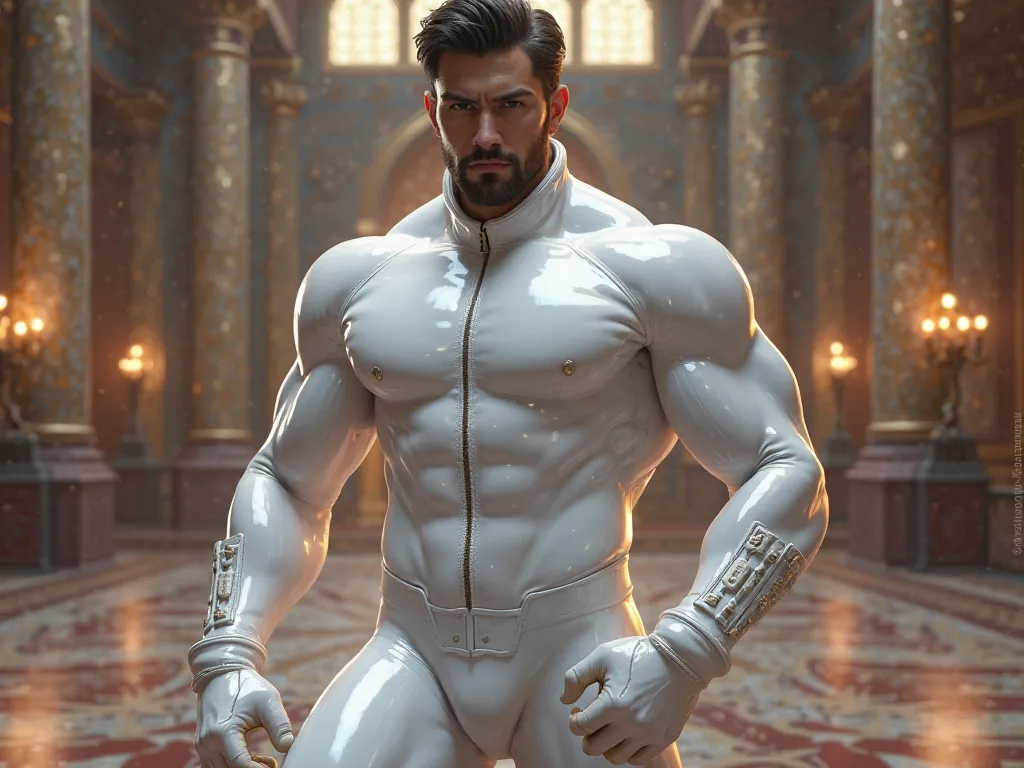 Khaleed from Mobile Legends, wears a shiny tight white latex bodysuit for fencing. He has thick hair and has muscular and toned body