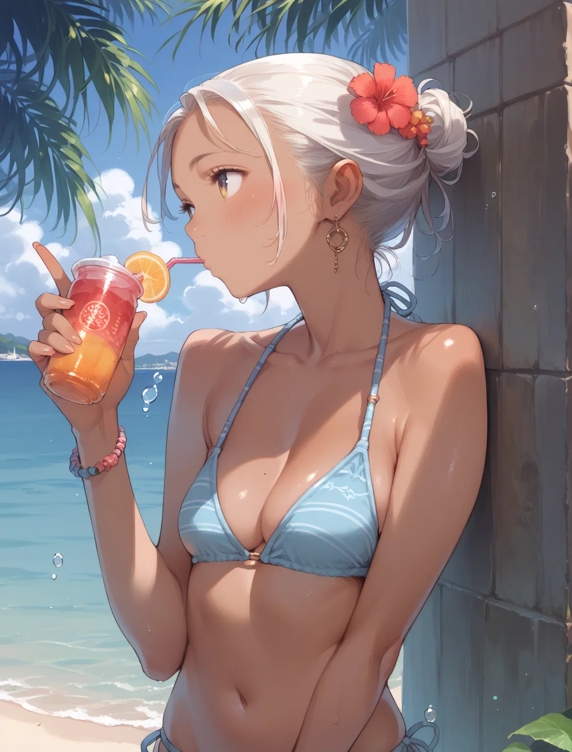 girl, dark skin, drinking a bottle of water, summer, bikini girl, , 