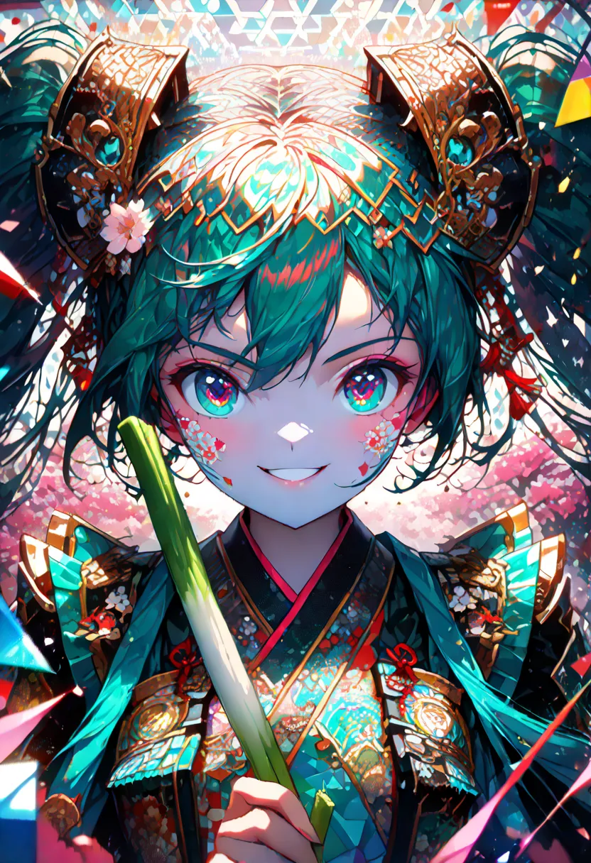 ((Hatsune Miku, Samurai, Emerald Green Japanese Armor, Cute, Smiling, Holding Spring Onion, Excited, Looking at Camera, Serious Face, Lively Skin, Cheerful and Vibrant Atmosphere, Cherry Blossom Background)), ((High Resolution, Ultra High Resolution, Symme...