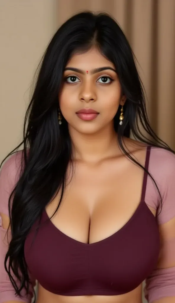  indian chubby woman is wearing a full pink long skirt, bedroom , purple satin  front closer blouse,big Deep cleavage,big sexy chest,big ,detailed body and face, big bright eyes, charming, sexy, perfect anatomy, braid very long silky smooth oily detailed P...