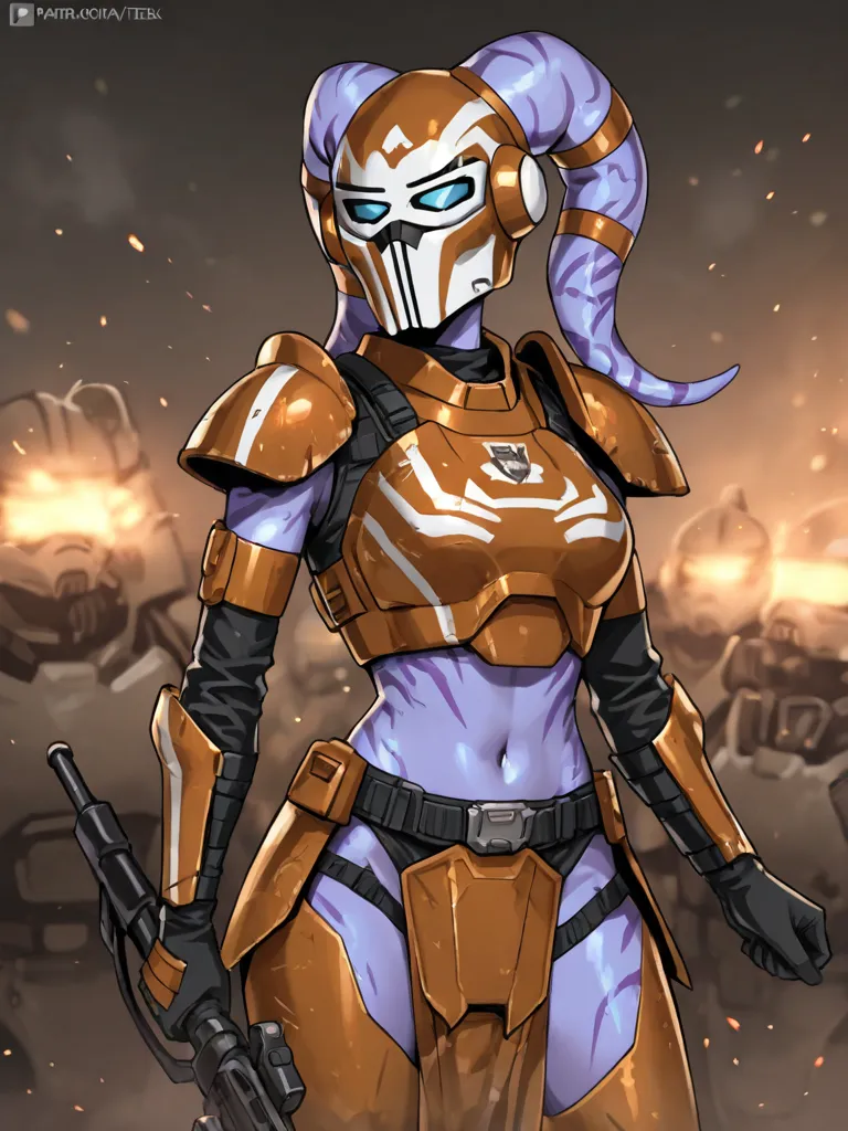 Twi'lek woman purple skin clone trooper armor in battle