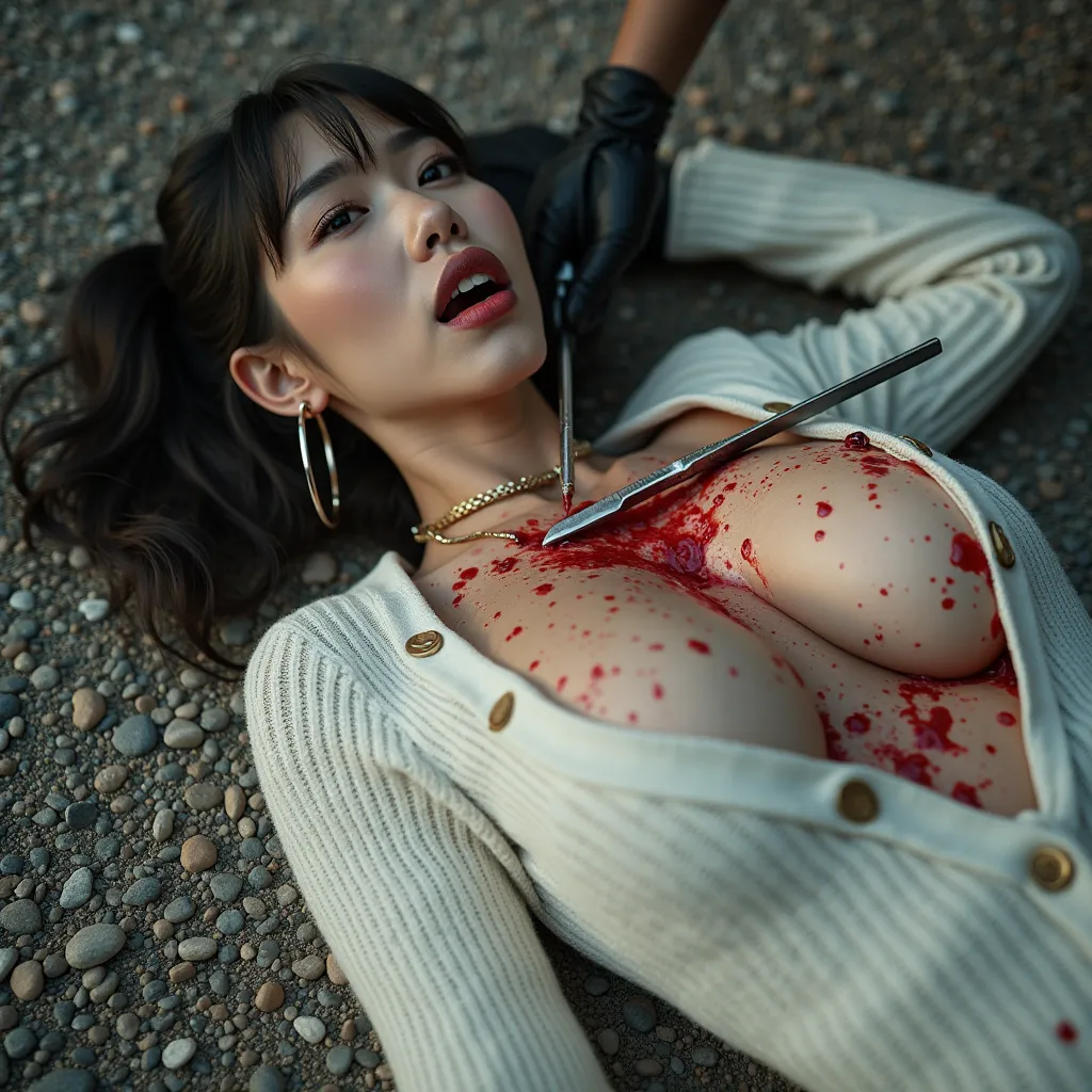 Gorgeous asian woman, with ponytail & short bangs, hoop earrings, choker, huge oversized breasts that have large red liquid circle tips with tiny crop top white ribbed knit button down sweater that's been completely unbuttoned & ripped open. She is lying o...