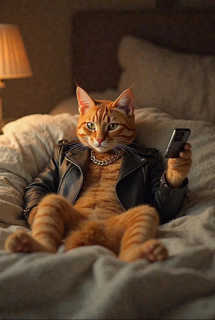 Yellow cat,  with leather jacket ,Gold chain
In bed talking on the cell phone 