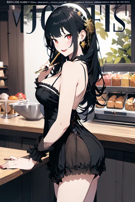 (small breasts:1.3), (perky chest:1.3), (pointed chest:1.2), (lolita fashion magazine cover:1.3),(from side:0.9),masterpiece, 1girl, Amazing Cleavage:1.2, thin waist, big ass, Raised sexy, small breast: 1.3, posed cleavage:1.2、(from below:1.2, best quality...