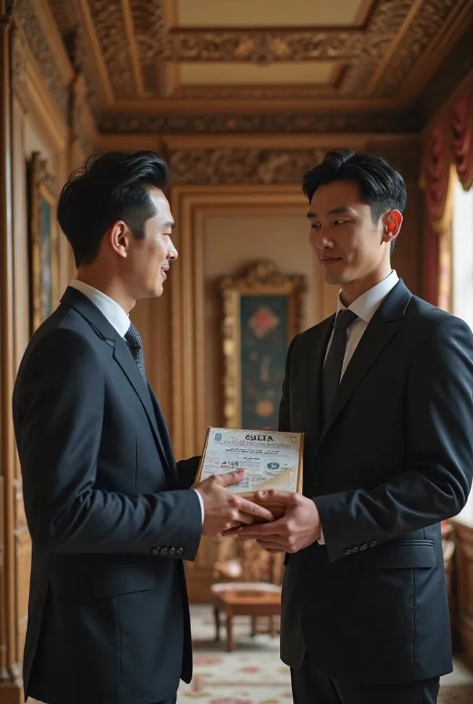 Photo of a Korean guy again giving a parcel of leaflets to a Korean guy Handsome background in a stately home 