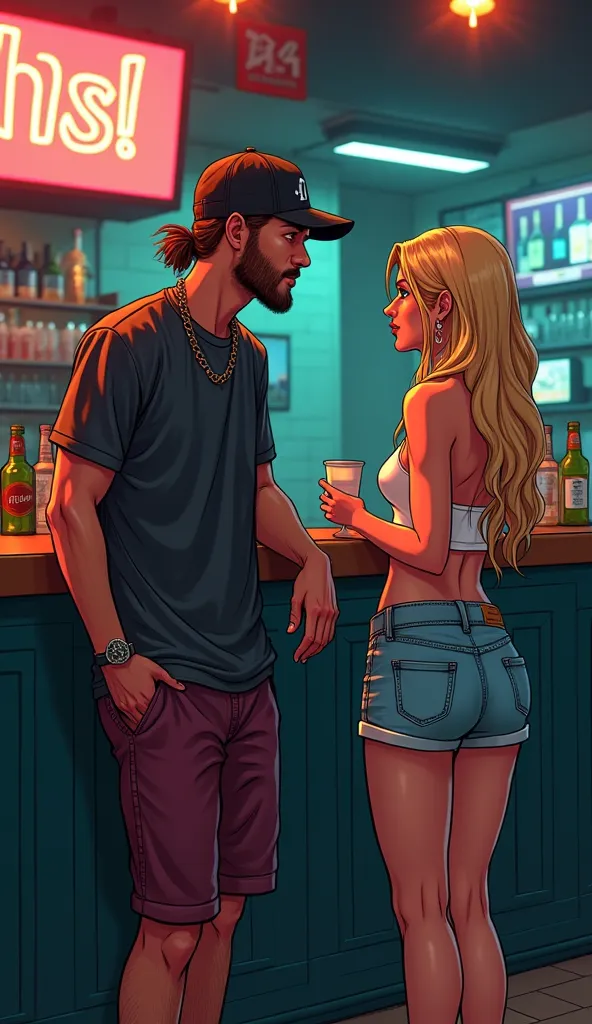 Create very high quality image, Comic book style , gta5: Skater wearing a straight brim cap, 1 meter and 70 centimeters tall, 80kg, Rapper shirt, bermuda, Jordan sneakers, poorly done beard, Standing at a bar, Watching a very beautiful woman, Full-haired b...