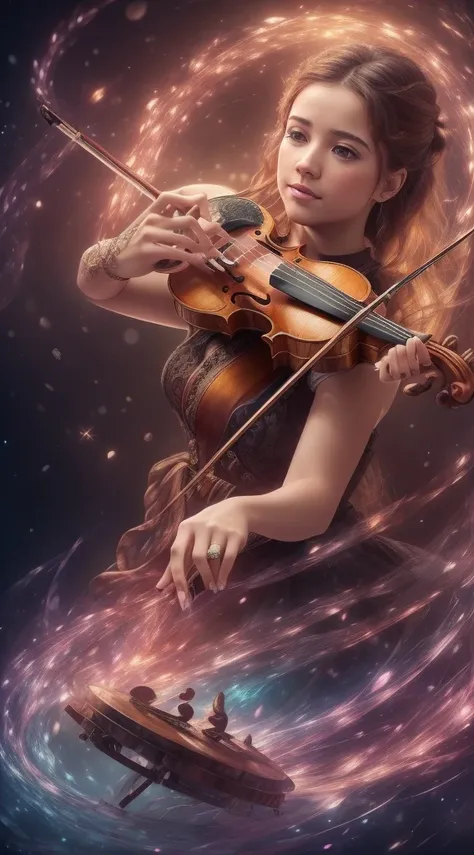 HDR 4K, 8k, Fantasyart, Stunning illustration, detalles preciosos, obra maestra ultra detallada, hiperdetallada, cuidadosamente detallada, (rostro perfectamente detallado), (manos perfectas:1.7), (Playing the perfect violin:1.3), perfect violin, Living Sym...