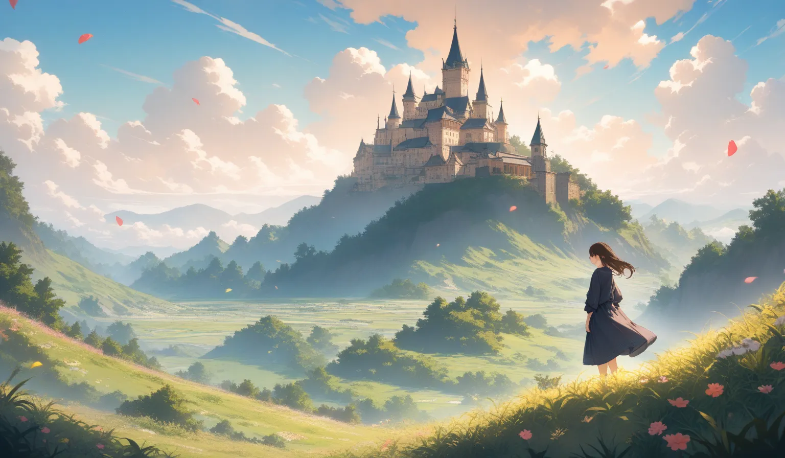 cinematic view, breathtaking fantasy landscape, a young girl standing on a grassy hill, wearing modern casual clothes, looking at a grand medieval kingdom in the distance, the city is surrounded by towering mountains, majestic castle at the center, golden ...