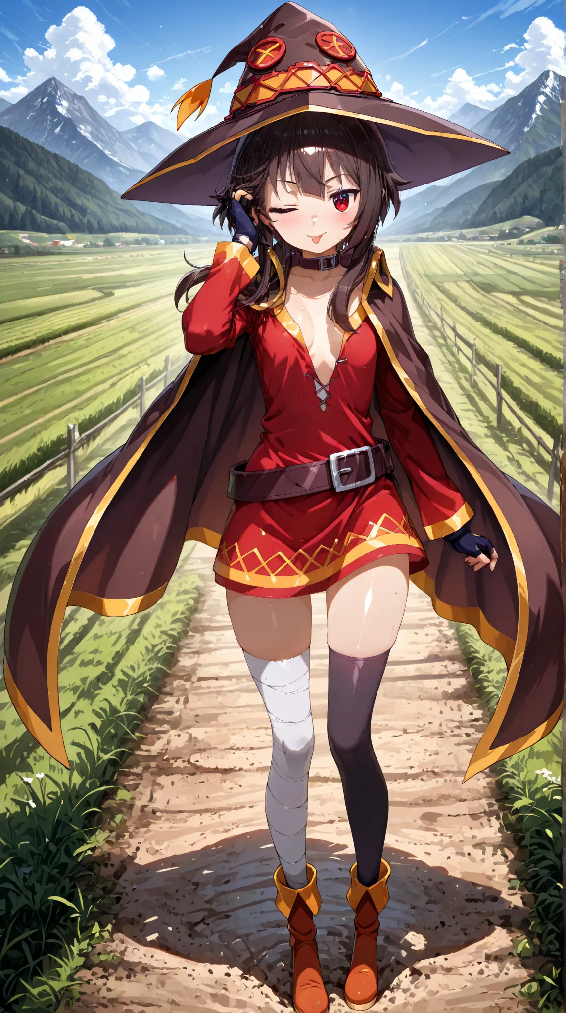 (megumin, short hair, black hair, red eyes, side locks, long locks), thighhighs, gloves, hat,red dress, black gloves, belt, black thighhighs, fingerless gloves, cape, collar, witch hat, bandages, red dress, ((plunging neckline dress)), single thighhigh, as...