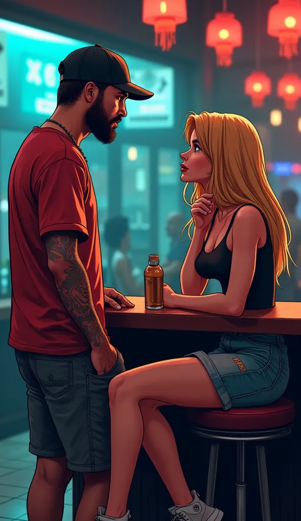 Create very high quality image, Comic book style , gta5: Skater wearing a straight brim cap, 1 meter and 70 centimeters tall, 80kg, Rapper shirt, bermuda, Jordan sneakers, poorly done beard, Standing at a bar, Watching a very beautiful woman, Full-haired b...