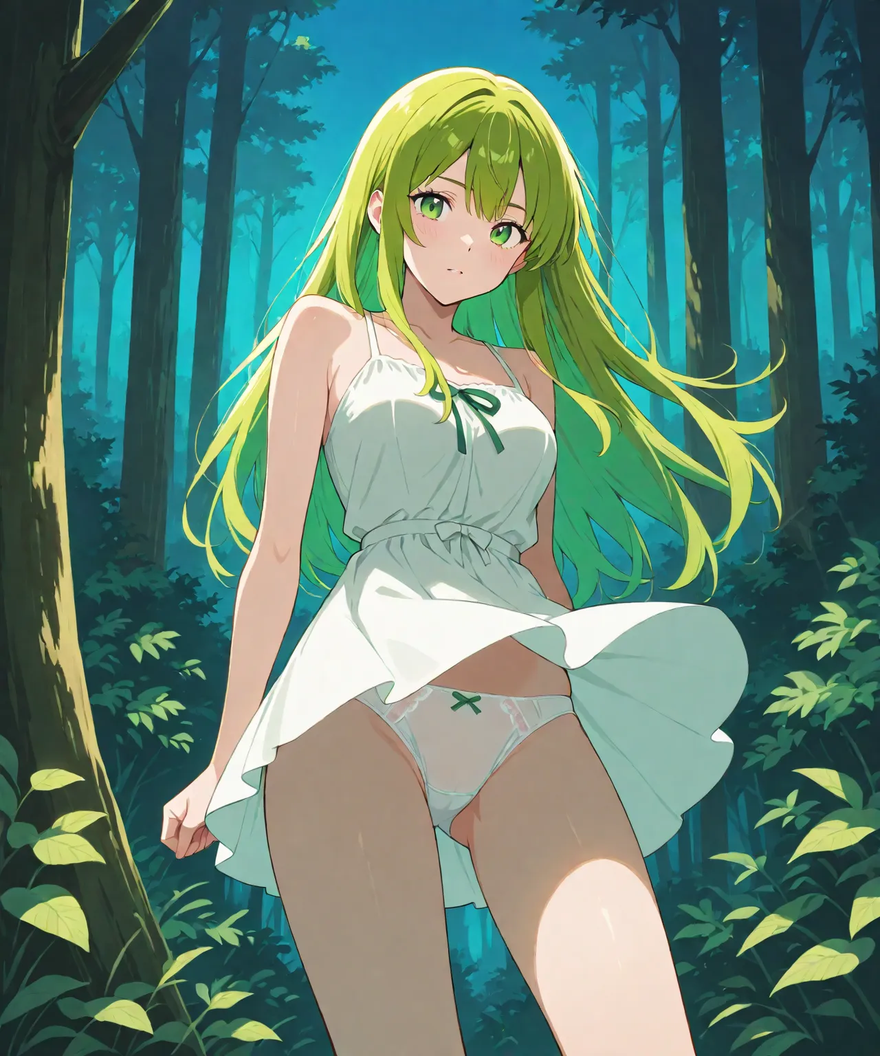 1girl, solo, beautiful sexy anime girl with long green hair & green eyes, wearing a white sleeveless short summer dress, her white panties showing under her skirt, lost in a dense forest, dark night sky