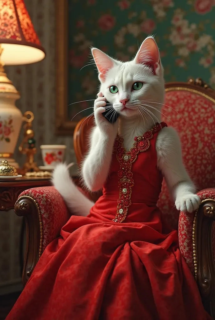 White cat in red dress , sitting on the chair talking on the cell phone 