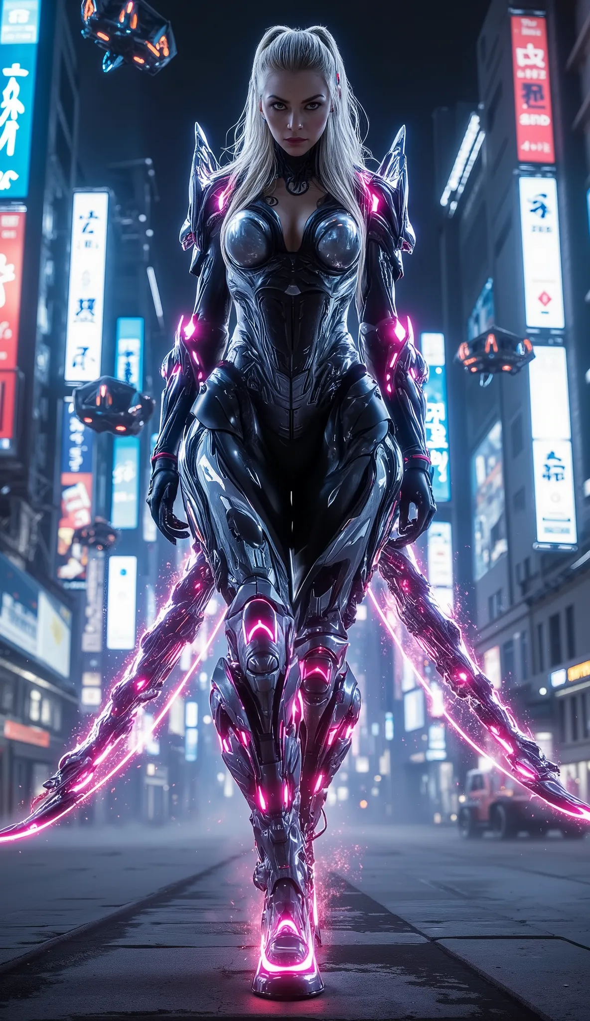 A futuristic depiction of a Mortal Kombat-inspired female warrior with a strikingly beautiful and hot appearance. She is walking confidently in a neon-lit, cyberpunk cityscape, wearing advanced combat armor infused with glowing energy patterns. The backgro...